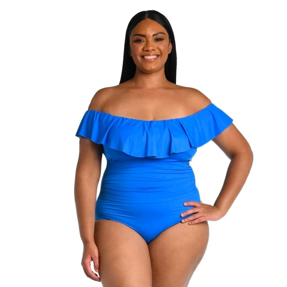 La Blanca Off the Shoulder Ruffle Blue One Piece Swimsuit Plus Size 16W
